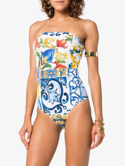 Shop Dolce & Gabbana Majolica Printed Strapless Swimsuit - Multicolour