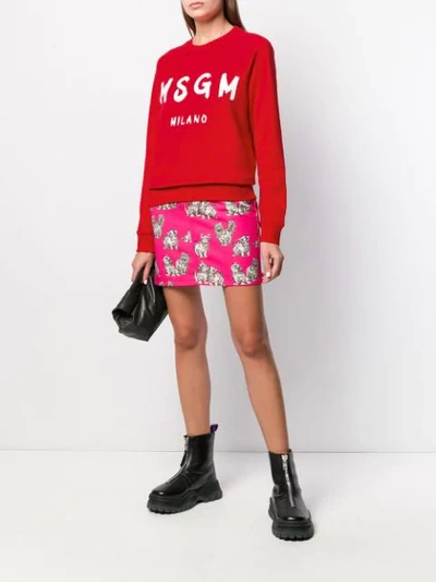 Shop Msgm Logo Ribbed Crew Neck Sweater In Red