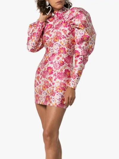 Shop Rotate Birger Christensen Floral Puff-sleeve Dress In Pink