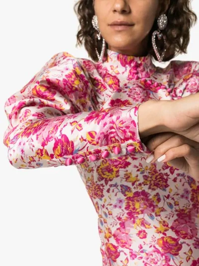 Shop Rotate Birger Christensen Floral Puff-sleeve Dress In Pink