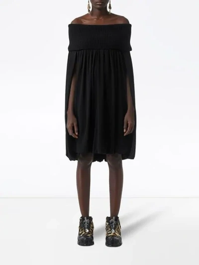 Shop Burberry Off-the-shoulder Wool And Crepe Dress In Black