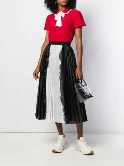 Shop Red Valentino Perforated Ruffle Trim Pleated Skirt In 0ni Nero/bianco