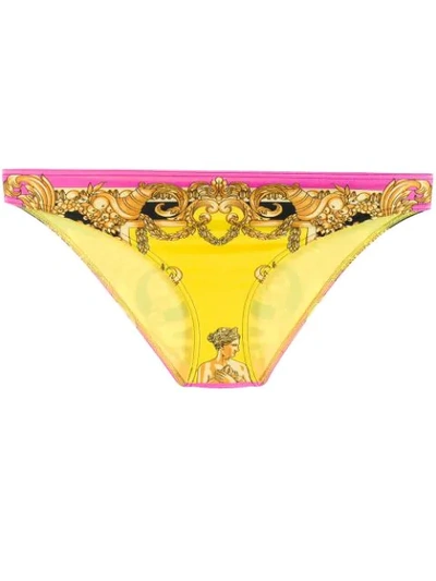 Shop Versace Barocco Printed Bikini Bottoms In Yellow ,pink