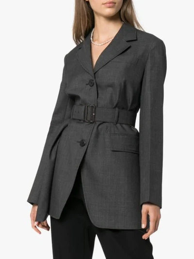 Shop Prada Belted Blazer Jacket In Grey
