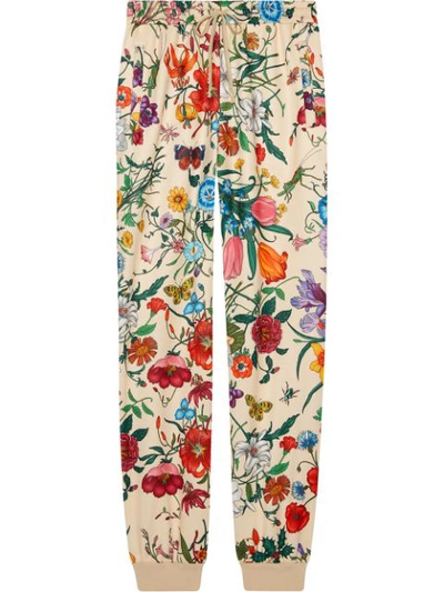 Shop Gucci Mid Rise Floral Print Cotton Blend Track Pants In 9381 Multicoloured