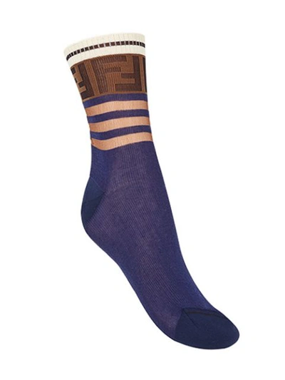 Shop Fendi Ff Motif Ribbed Socks In Blue