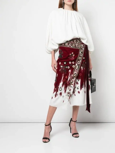 Shop Oscar De La Renta Beaded Floral Wrap Skirt In Red