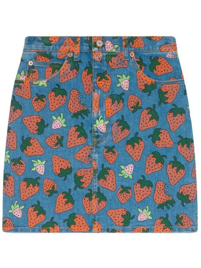 Shop Gucci Denim Skirt With  Strawberry Print In Blue
