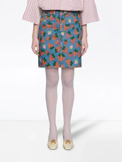 Shop Gucci Denim Skirt With  Strawberry Print In Blue