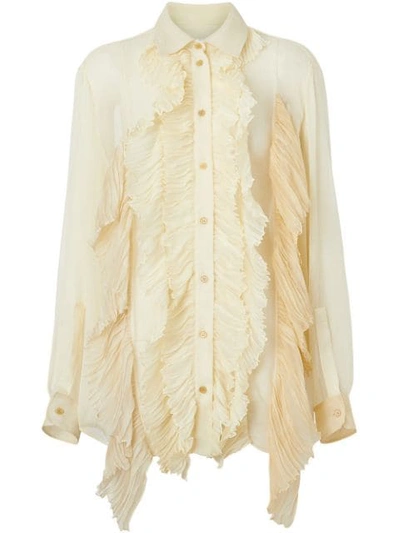 Shop Burberry Ruffle Detail Crepe De Chine Oversized Blouse In Neutrals