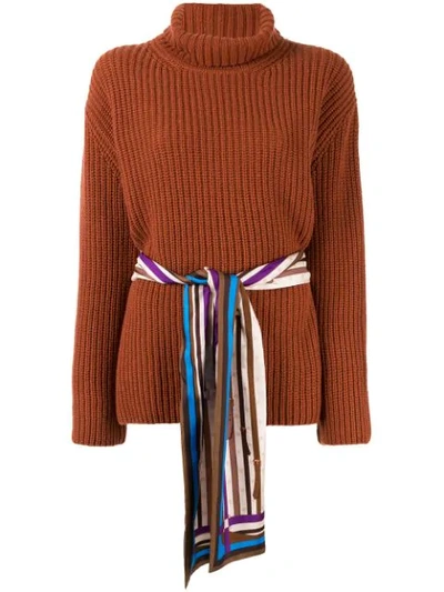 Shop Fendi Belted Turtleneck Jumper In Brown