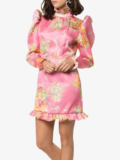 ALESSANDRA RICH ROSE PRINT MINI DRESS - 粉色