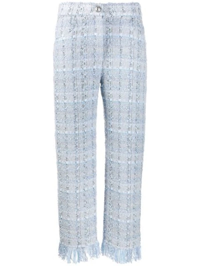 Shop Balmain Tweed Cropped Trousers In Blue