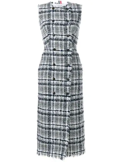 Shop Thom Browne Frayed  Tartan Check Cardigan Dress In Reflective Yarn Tweed - Grey