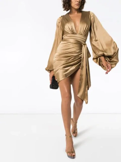 Shop Alexandre Vauthier Bell-sleeve Ruched Mini Dress In Neutrals