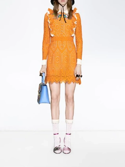 Shop Gucci Broderie Anglaise Cotton Dress - Orange