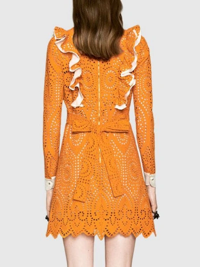 Shop Gucci Broderie Anglaise Cotton Dress - Orange