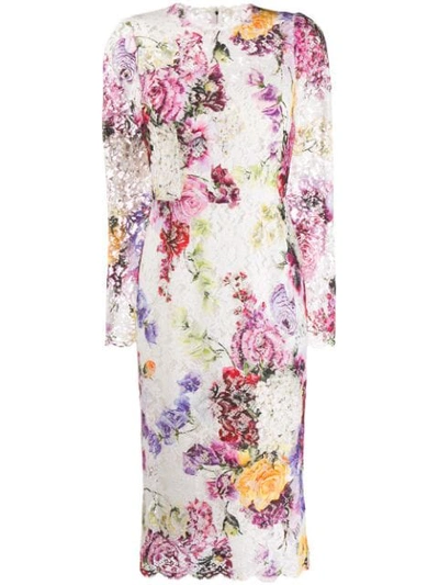 Shop Dolce & Gabbana Floral Midi Dress In White