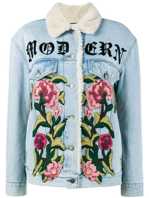 embroidered denim jacket with shearling