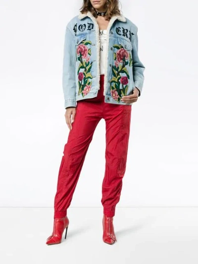 Shop Gucci Embroidered Shearling Denim Jacket In Blue