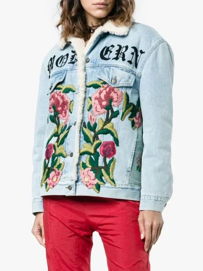 Shop Gucci Embroidered Shearling Denim Jacket In Blue