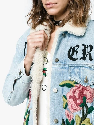 Shop Gucci Embroidered Shearling Denim Jacket In Blue