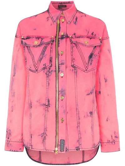 Shop Versace Acid Washed Denim Shirt In A8705 Pink
