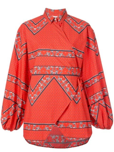 Shop Ganni Printed Wrap Shirt In Red