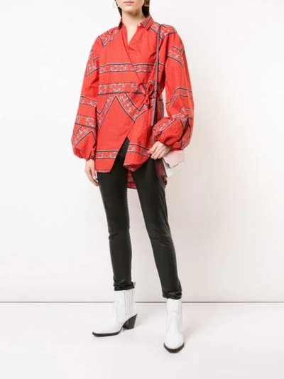 Shop Ganni Printed Wrap Shirt In Red