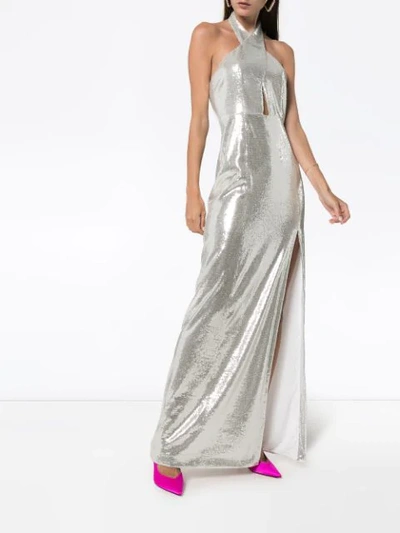 Shop Galvan Sequin-embellished Maxi Dress In Silver