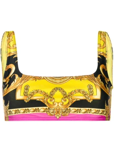 Shop Versace Barocco Printed Bikini Top In Yellow