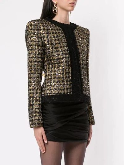 Shop Balmain Sequined Cropped Tweed Jacket In Gold