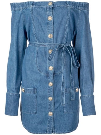 BALMAIN OFF SHOULDER DENIM DRESS - 蓝色