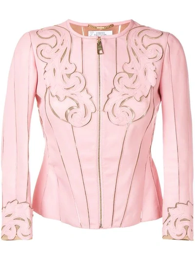 Shop Versace Baroque Stencil Cut Leather Jacket In Pink