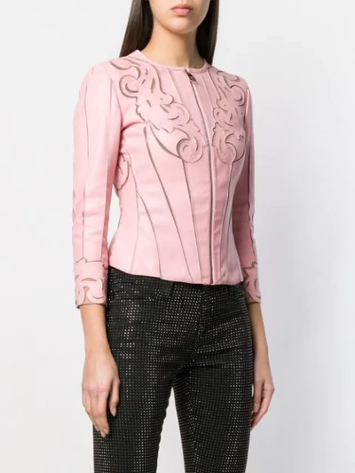 Shop Versace Baroque Stencil Cut Leather Jacket In Pink