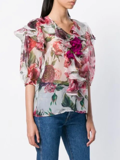 Shop Dolce & Gabbana Peony Print Ruffle Blouse - White