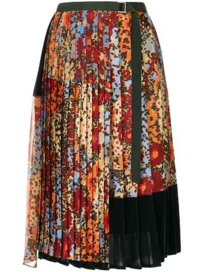 Shop Sacai Printed Pleated Skirt - Multicolour