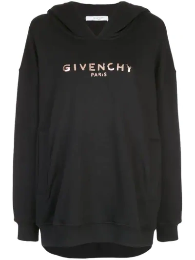 Shop Givenchy Metallic Logo Print Hoodie In Black
