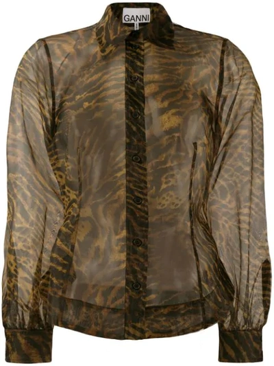 Shop Ganni Tiger Print Sheer Shirt In Brown