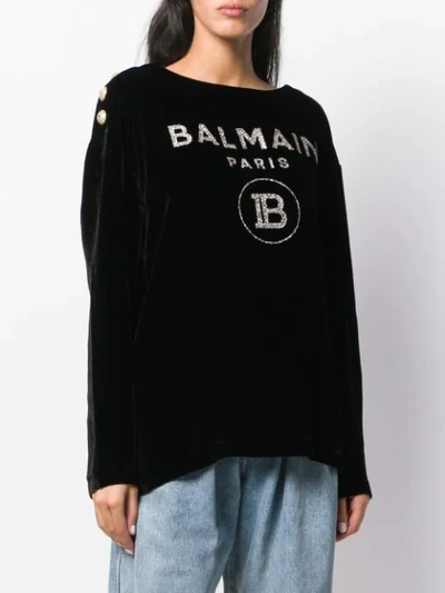 Shop Balmain Glitter Logo Velvet Jumper In Black