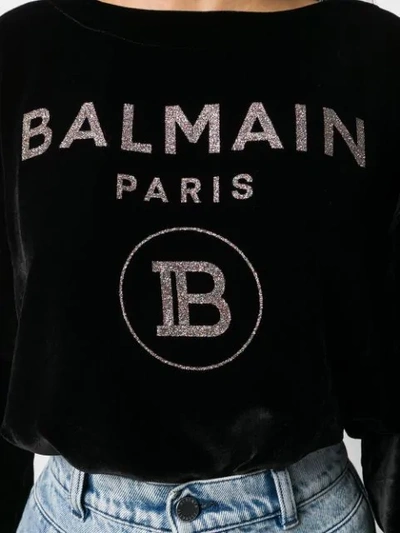 Shop Balmain Glitter Logo Velvet Jumper In Black