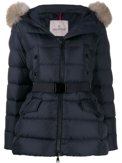 Shop Moncler Belted Zipped Padded Jacket In Blue