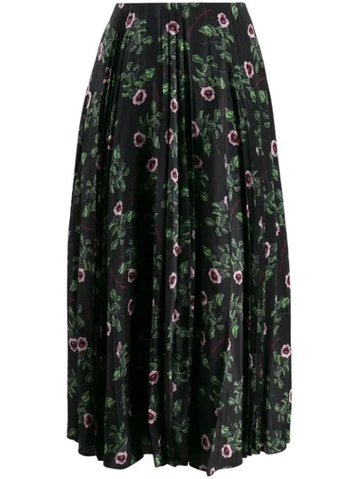 Shop Valentino Pleated Floral Print Skirt In Black