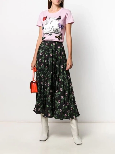 Shop Valentino Pleated Floral Print Skirt In Black