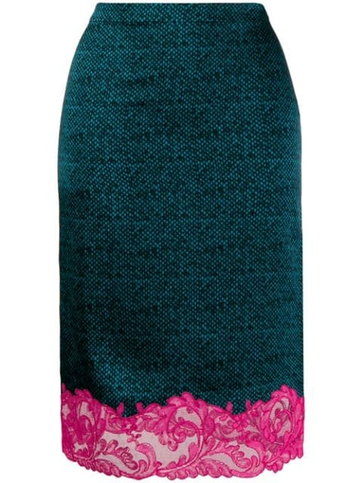 Shop Versace Lace Hem Pencil Skirt In Blue