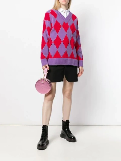 PHILOSOPHY DI LORENZO SERAFINI DISTRESSED ARGYLE SWEATER - 紫色