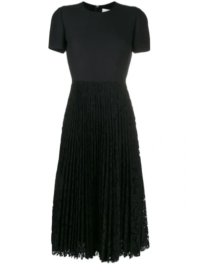 Shop Valentino Pleated Lace Midi Dress In 0no Black