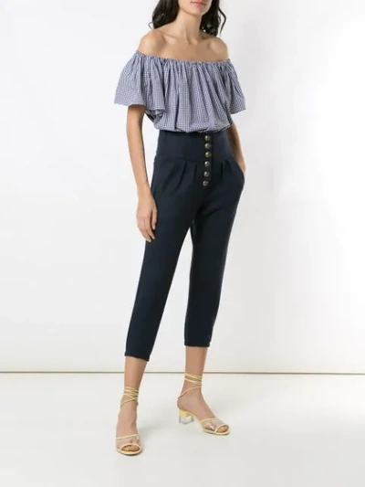 Shop Andrea Bogosian Off The Shoulder Check Blouse In Purple