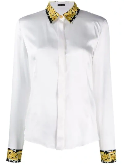 Shop Versace Print-trimmed Silk-satin Shirt In White