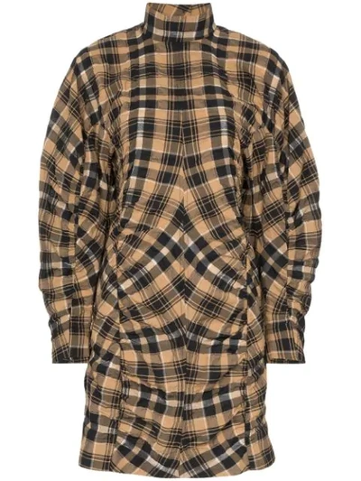 ganni check print ruched dress